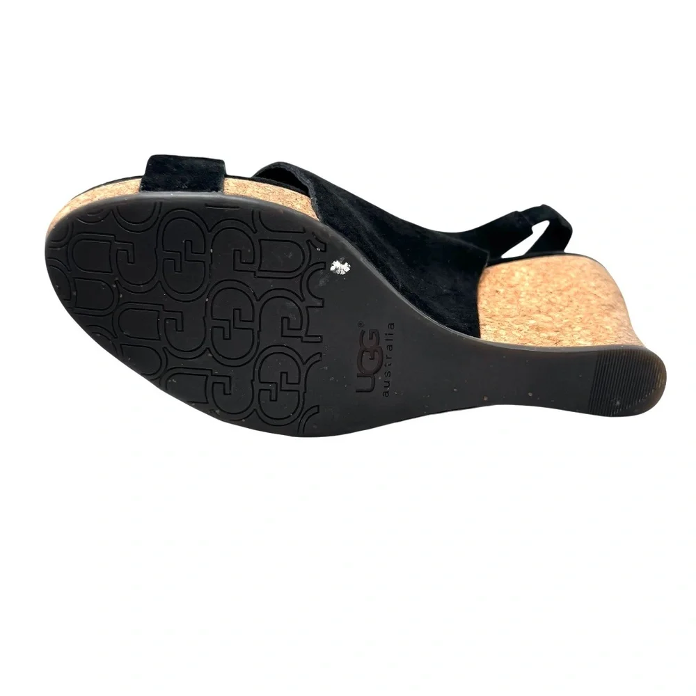 UGG HAZEL BLACK SUEDE & CORK WEDGE HEEL PLATFORM SANDALS